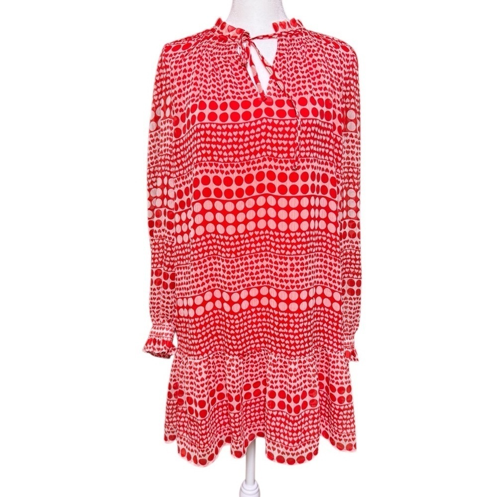 LOFT Coral White Heart Polka Dot Dress M Tiered Ruffle Hem Long Sleeve Boho Cute
